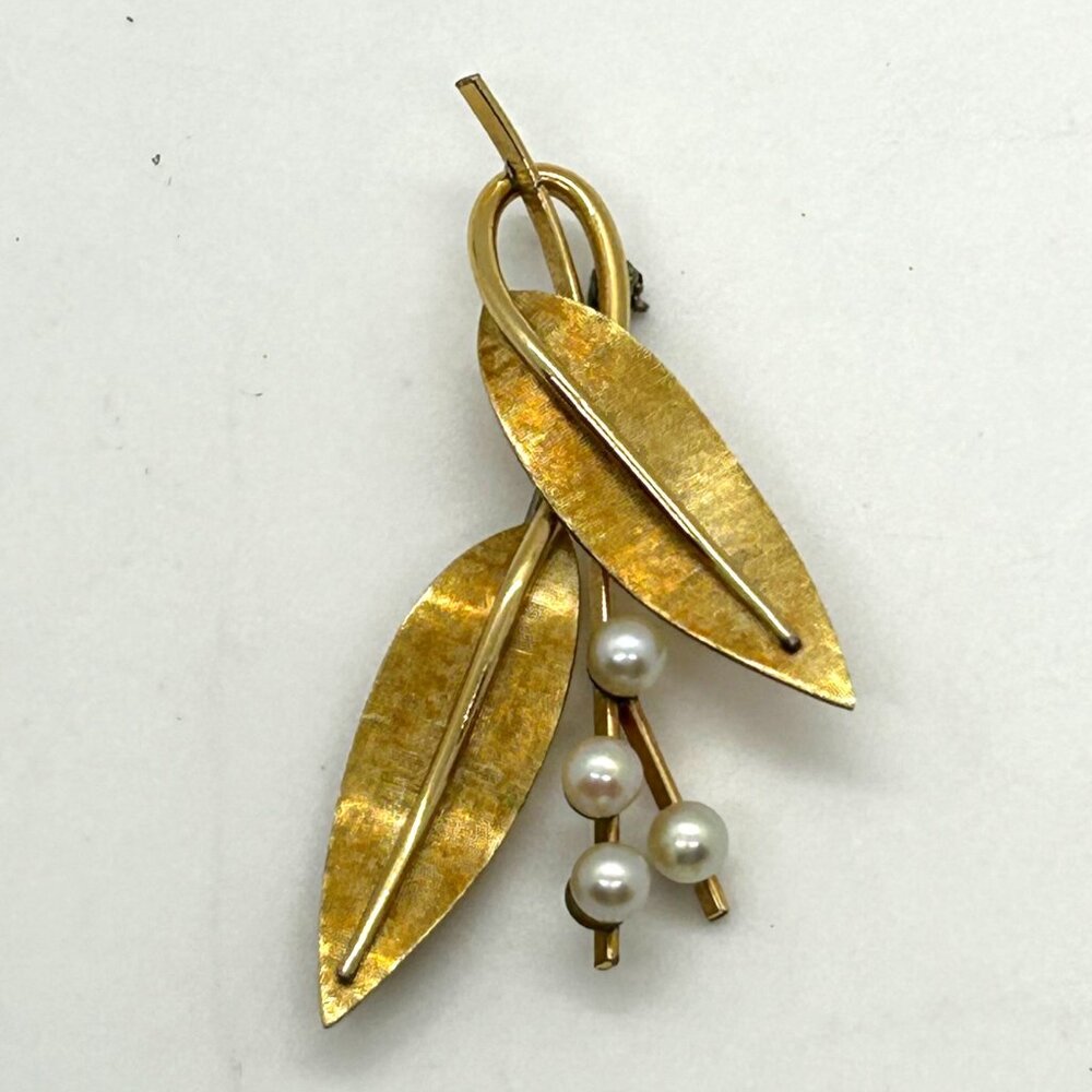 Vintage Krementz Brooch Pin Gold-Tone Leaf & Faux Pearl Floral 1.5 inch - Picture 11 of 16